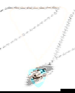 A Victor Jaimez Mexican silver inlay pendant necklace: A Victor Jaimez Mexican silver inlay pendant necklace Victor Jaimez (b. 20th century) Mid-20th century, Taxco. Mexico Stamped to stone: VJC / Taxco / 925 / Emma / Hecho en Mex A Victor Jaimez for
