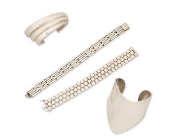 A group of sterling silver modernist bracelets
