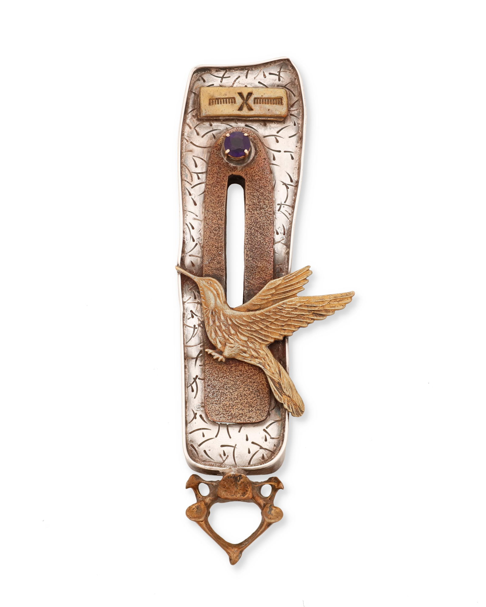 A Susan Silver Brown "Bird Warrior Totem" pendant/brooch: A Susan Silver Brown "Bird Warrior Totem" pendant/broochLate 20th/21st centuryStamped verso: S.Silver Brown / Sterling / ©; further etched: 14K gold / artist's proofAn intricate sterling si