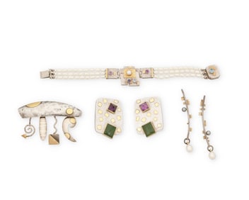 A group of abstract silver and gemstone jewelry