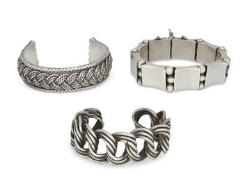 A group of Hector Aguilar Mexican silver bracelets