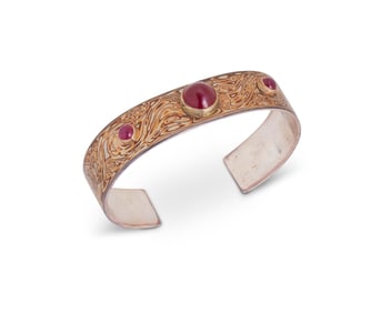 A "Mokume Gane" mixed metal and gemstone cuff bracelet
