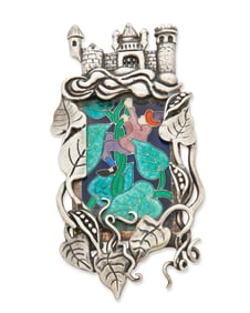 A large silver and enamel Jack and the Beanstalk brooch