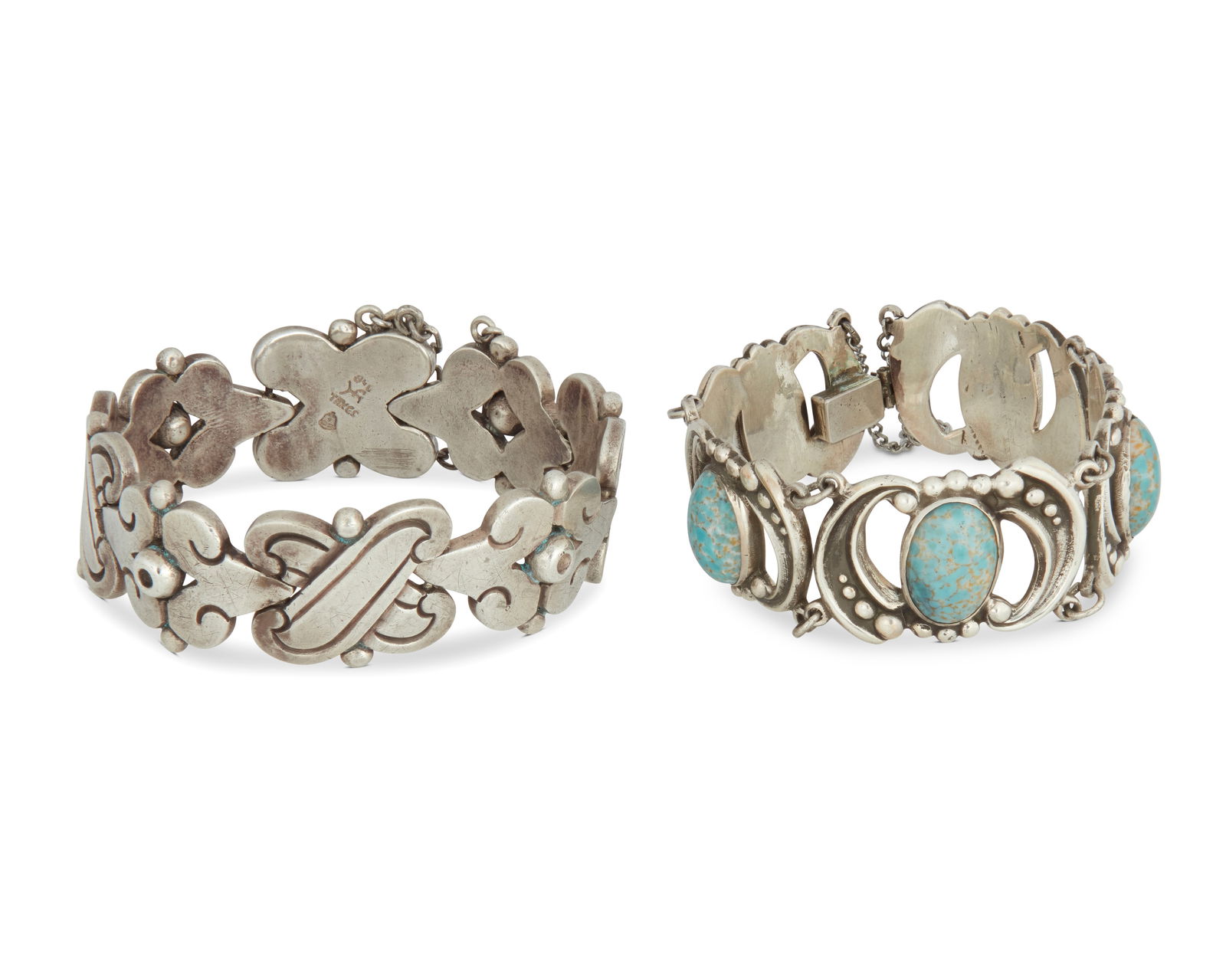 Two Mexican silver link bracelets: Two Mexican silver link braceletsTwo works:Hector Aguilar (1905-1986)Circa 1953-1962; Taxco, MexicoStamped: HA [conjoined] / Taxco / 940 / [Eagle 9]A chunky sterling silver bracelet with X-form links