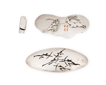 Two Antonio Pineda Mexican silver Lascaux-motif buckles