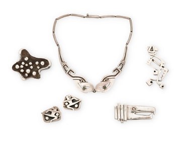 A group of modernist style Mexican silver jewelry