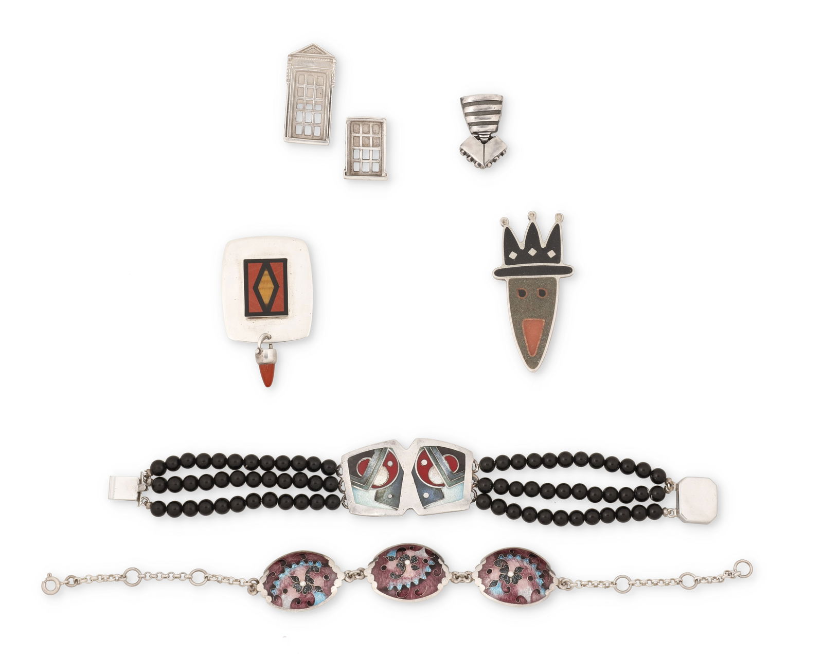 A group of silver and inlay jewelry: A group of silver and inlay jewelryLate 20th/21st centuryFour marked for sterling; three marked for maker; crown pin unmarked, likely David UrsoSix modernist-style works comprising a pair of Linda Hes