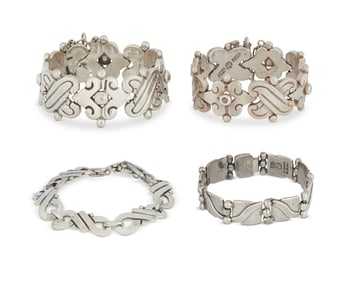 A group of Hector Aguilar Mexican silver bracelets