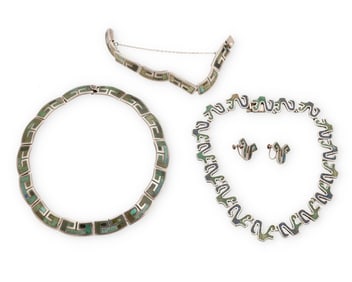 A group of Los Castillo Mexican silver and stone inlay jewelry