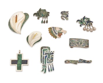 A group of Los Castillo Mexican silver and stone inlay jewelry