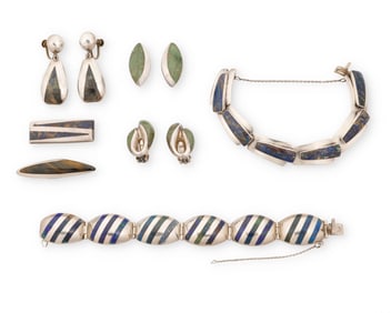 A group of Enrique Ledesma Mexican silver and stone inlay jewelry