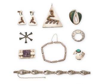 A mixed group of Mexican silver and hardstone jewelry
