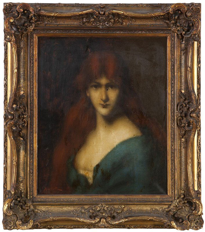 Manner of Jean Jacques Henner: Portrait of a woman with red hair, signed lower left: Audet (Fernand Audet early 20th Century French), oil on canvas, 18'' H x 15'' W, est:$600/800 Provenance: Private Collection, Pasadena, CA