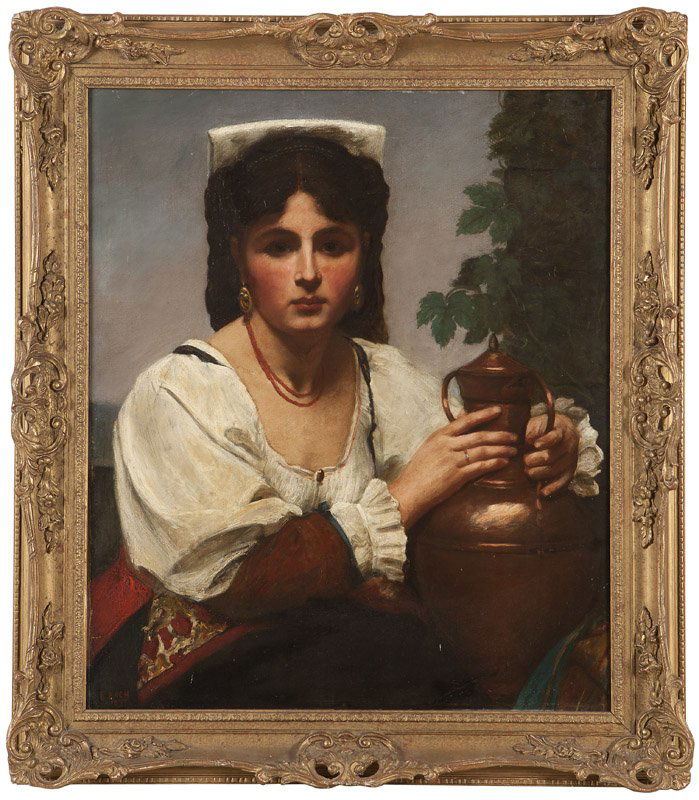 Late 19th century Continental School: Portrait of a woman holding an urn, signed and dated lower left: E. Bach 1877, oil on canvas laid to canvas, 29.5'' H x 25'' W, est:$1500/2000