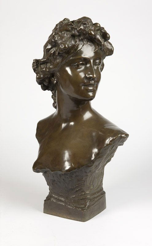A Belgian patinated bronze bust, Lambeaux: Probably early 20th century, signed ''Jef. Lambeaux'' (Joseph Maria Lambeaux 1852 - 1908, Belgian) and further inscribed ''Usines Vogave 8 1/2 Ave. Bruxelles'', depicting a bacchante gazing to her lef