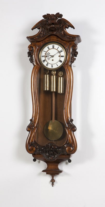 Serpentine Vienna grande sonnerie wall regulator: Second quarter 19th century, movement backplate and mount each stamped ''5635'', the circular white porcelain double-sunken dial with black Roman numeral chapters and stick minute indices, brass bezel