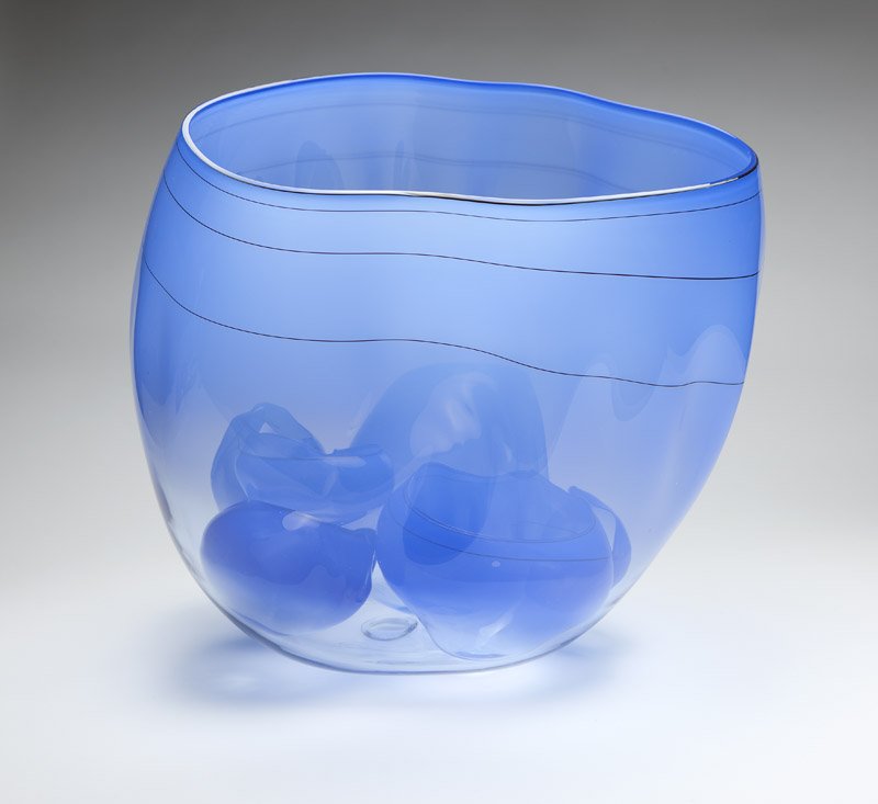 A Dale Chihuly cobalt Basket seven-piece set: 1997, one element signed ''Chihuly 97'', each free-form with black wrap, 7 pcs, the first: 19'' H x 19'' W x 16'' D; the second: 9'' H x 7'' Dia.; the third: 6'' H x 8'' W x 5'' D; the fourth: 4''H x