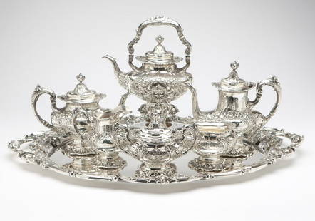 A Reed & Barton 'Francis I' sterling tea service: 1945, Taunton, MA, each piece with maker's mark and further marked ''Sterling'' and ''Francis I'', comprising: a tray (1.5'' H x 30'' W x 22''D), a tipping kettle on stand (14'' H x 10'' W x 6.75''),