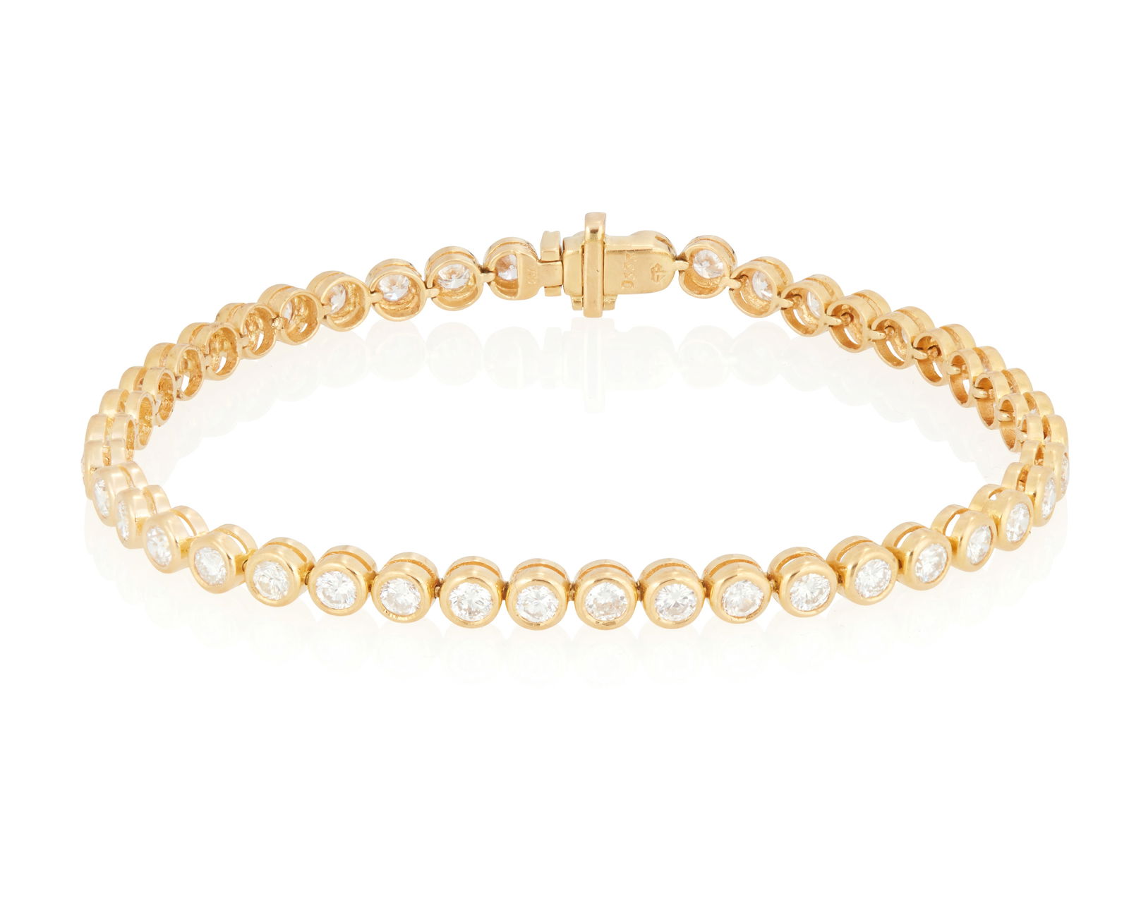 An 18K Gold and Diamond Bracelet: An 18K Gold and Diamond BraceletFeaturing forty-three round diamonds weighing approximately 4.30 caratsLength: 7 in.9.8 grams grossAccent diamonds:Approximate overall color and clarity: G-H, VS-SI