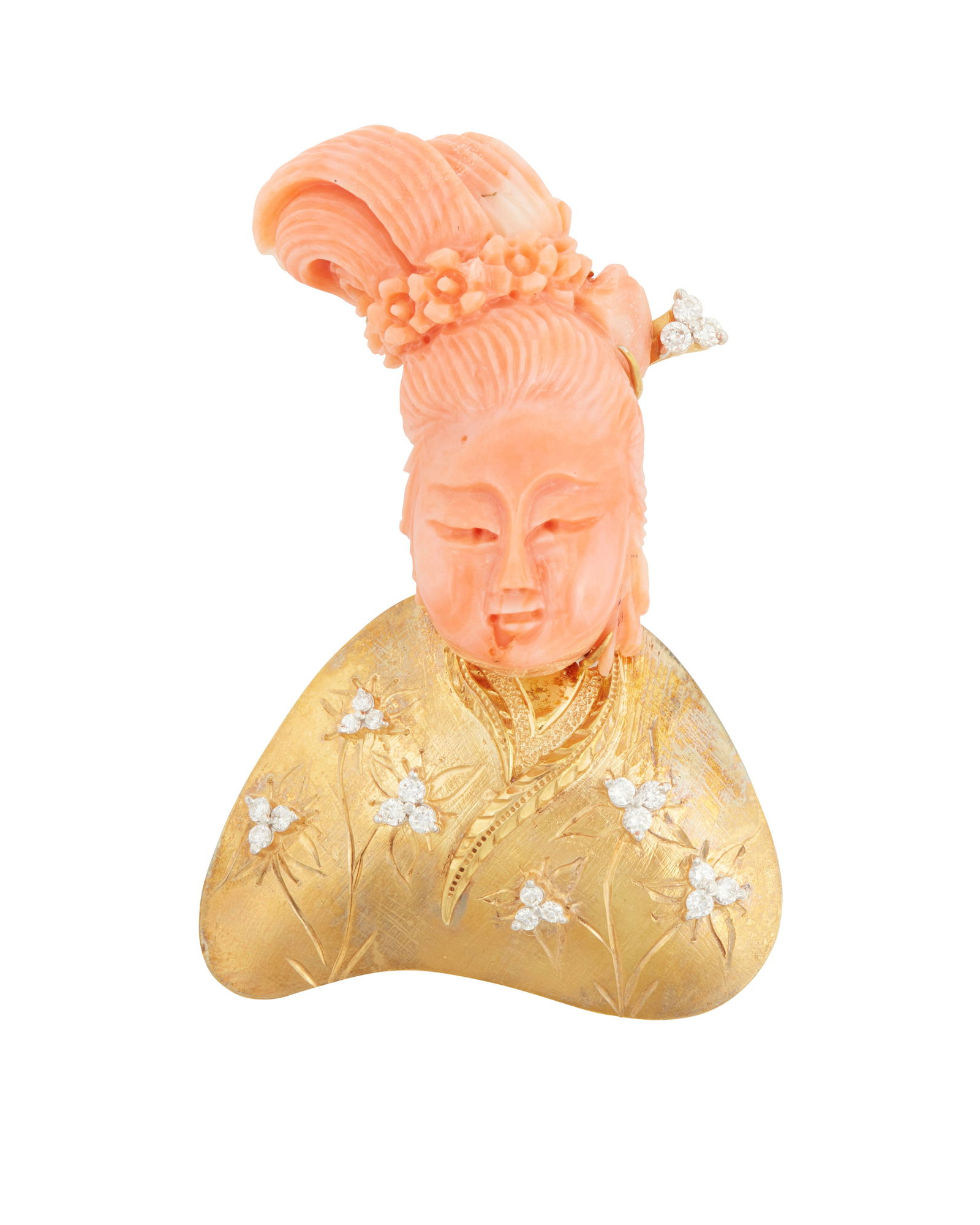An 18K Gold, Coral and Diamond Lady Pendant/Brooch: An 18K Gold, Coral and Diamond Lady Pendant/BroochFeaturing a carved coral face topped with a row of flowers, finished with a robe of gold accented with twenty-one round diamonds weighing approximatel
