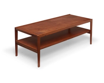 A custom two-tiered wood coffee table