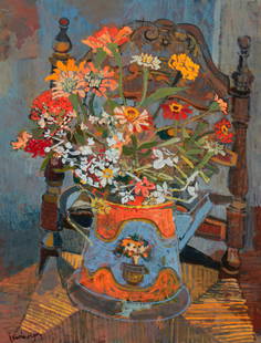 Eric Isenburger (1902-1994), "Zinnias in Blue Water Can," 1970: Eric Isenburger(1902-1994)"Zinnias in Blue Water Can," 1970Oil on canvasSigned lower left: Isenburger; signed again, titled, and dated on the frame's backing board; titled again on a label a