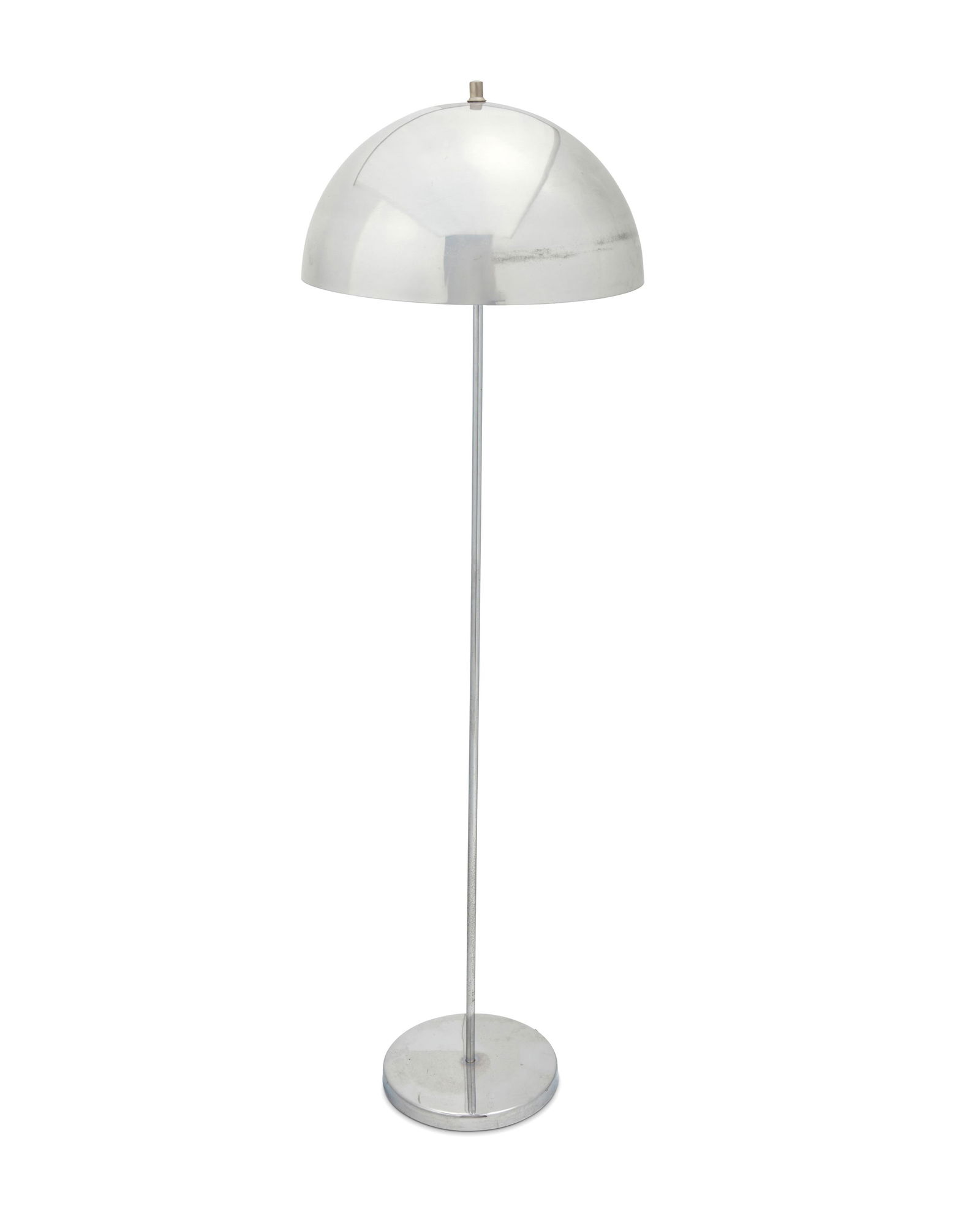A Modern chrome floor lamp: A Modern chrome floor lampMid-20th CenturyAppears unmarkedIn the manner of Robert Sonneman (b. 1943), the single-light chromed metal floor lamp with polished metal dome shade, electrifiedOverall: 54.5