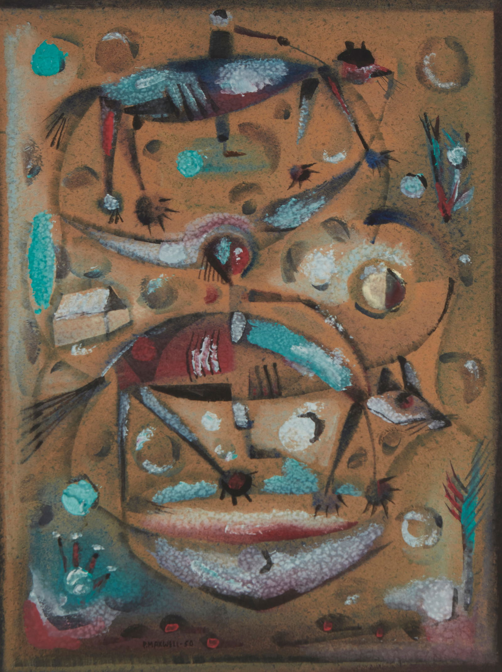 Paul Maxwell (1925-2015), Abstracted figures and animals, 1950: Paul Maxwell(1925-2015)Abstracted figures and animals, 1950Mixed media on paperSigned and dated lower left: P. MaxwellSight: 23.5" H x 17.5" W
