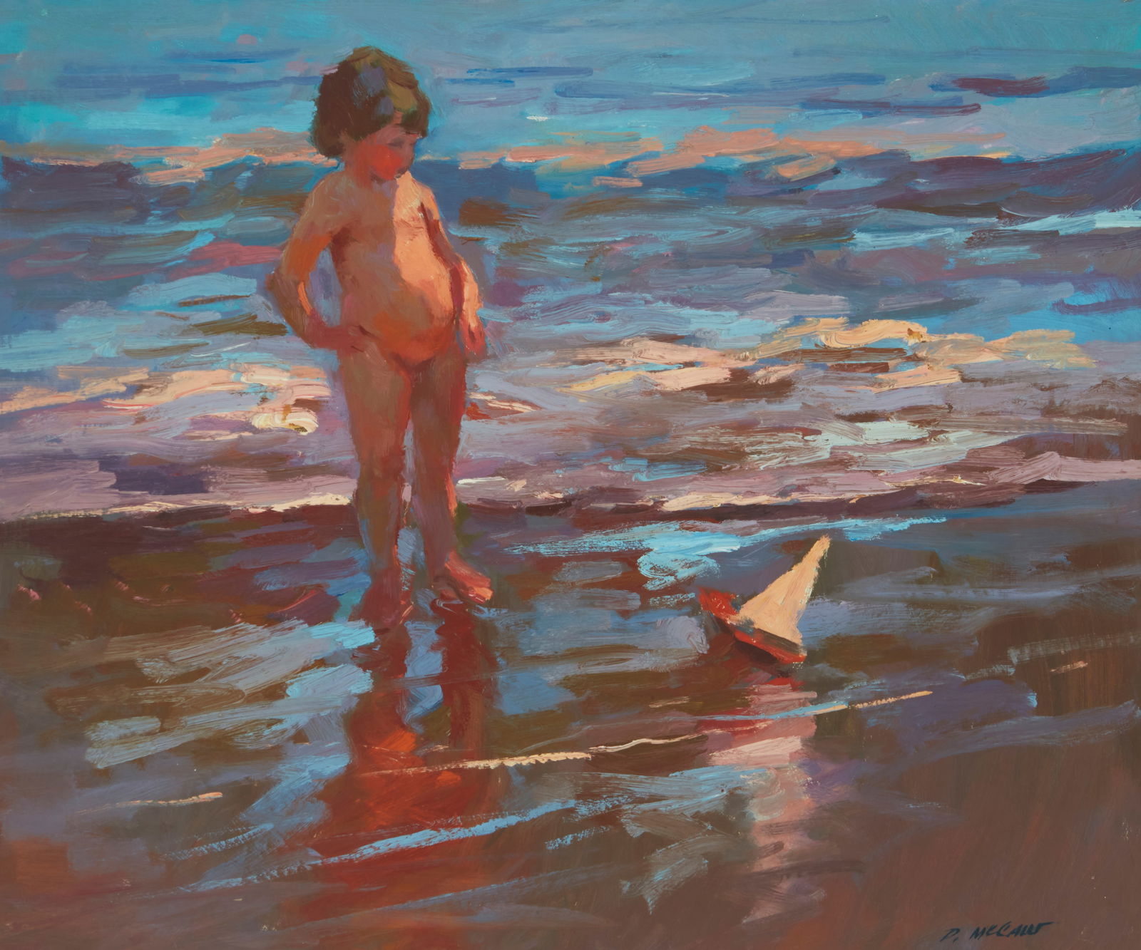 Dan McCaw (b. 1942), "Child and Toy Boat at Beach": Dan McCaw(b. 1942)"Child and Toy Boat at Beach"Oil on MasoniteSigned lower right: D. McCaw; titled on two labels affixed verso20" H x 24" W Provenance: Sold: Santa Fe Art Auction,