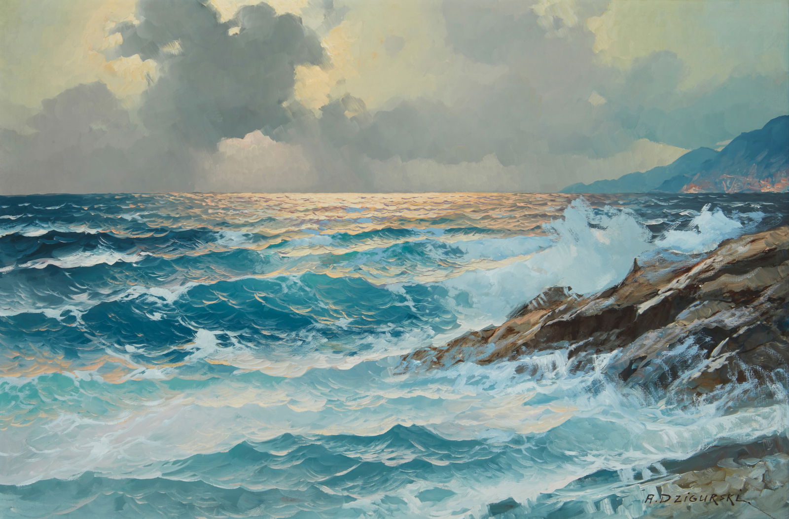Alexander Dzigurski (1911-1995), Sunlight reflecting on the crashing waves: Alexander Dzigurski(1911-1995)Sunlight reflecting on the crashing wavesOil on canvasSigned lower right: A. Dzigurski; with the artist's black ink copyright stamp, verso24" H x 36" W