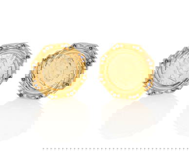 A Pair of 14K Gold, Sapphire and Diamond Earclips: A Pair of 14K Gold, Sapphire and Diamond Earclips Featuring two Patria Y Libertad Cinco Pesos 1915 coins set in 14k gold frames, accented with round sapphires and diamonds 2 pieces Measures: 1 1/8 x