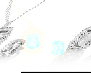 A White Gold, Blue Topaz and Diamond Necklace and Earring Set: A White Gold, Blue Topaz and Diamond Necklace and Earring Set Including a necklace featuring a mixed-cut blue topaz weighing approximately 23.90 carats, accented by round diamonds together with a