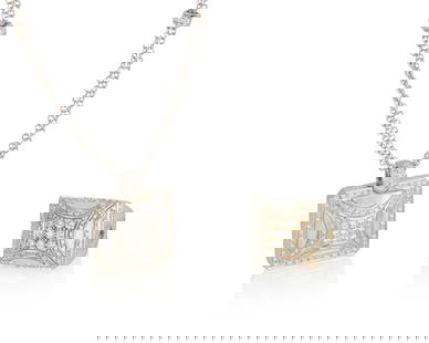 Leo Pizzo: An 18K White Gold, Mother-of-Pearl and Diamond Necklace and Ring Set: Leo Pizzo: An 18K White Gold, Mother-of-Pearl and Diamond Necklace and Ring Set Featuring a geometric design with sections of mother-of-pearl inlay accented by round diamonds weighing approximately