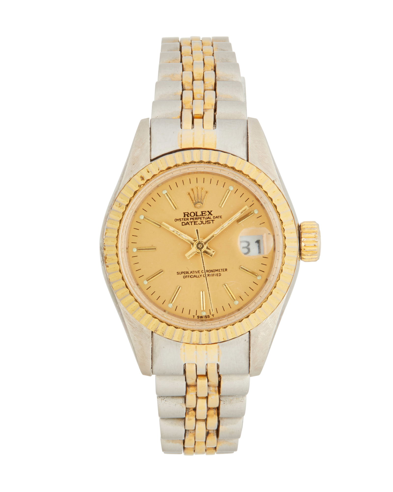 Rolex: A Gold and Stainless-Steel Datejust Wristwatch: Rolex: A Gold and Stainless-Steel Datejust WristwatchDial:†21.0 mm, round gold with baton indicesModel:†manualCase:†25.0 mm, 18K yellow gold and stainless-steelCase number:†625100Closure:†18