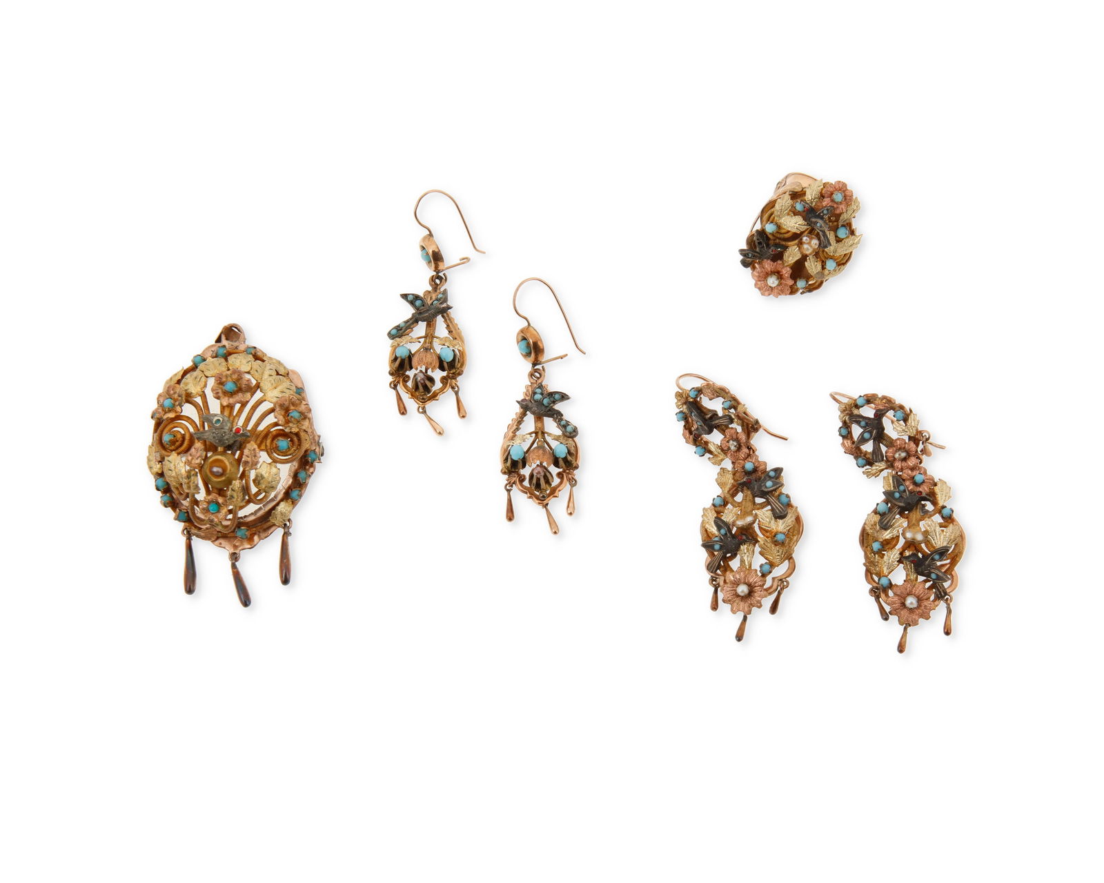 An Antique Group of Tri-Color Gold and Gem-Set Jewelry (1 of 2)