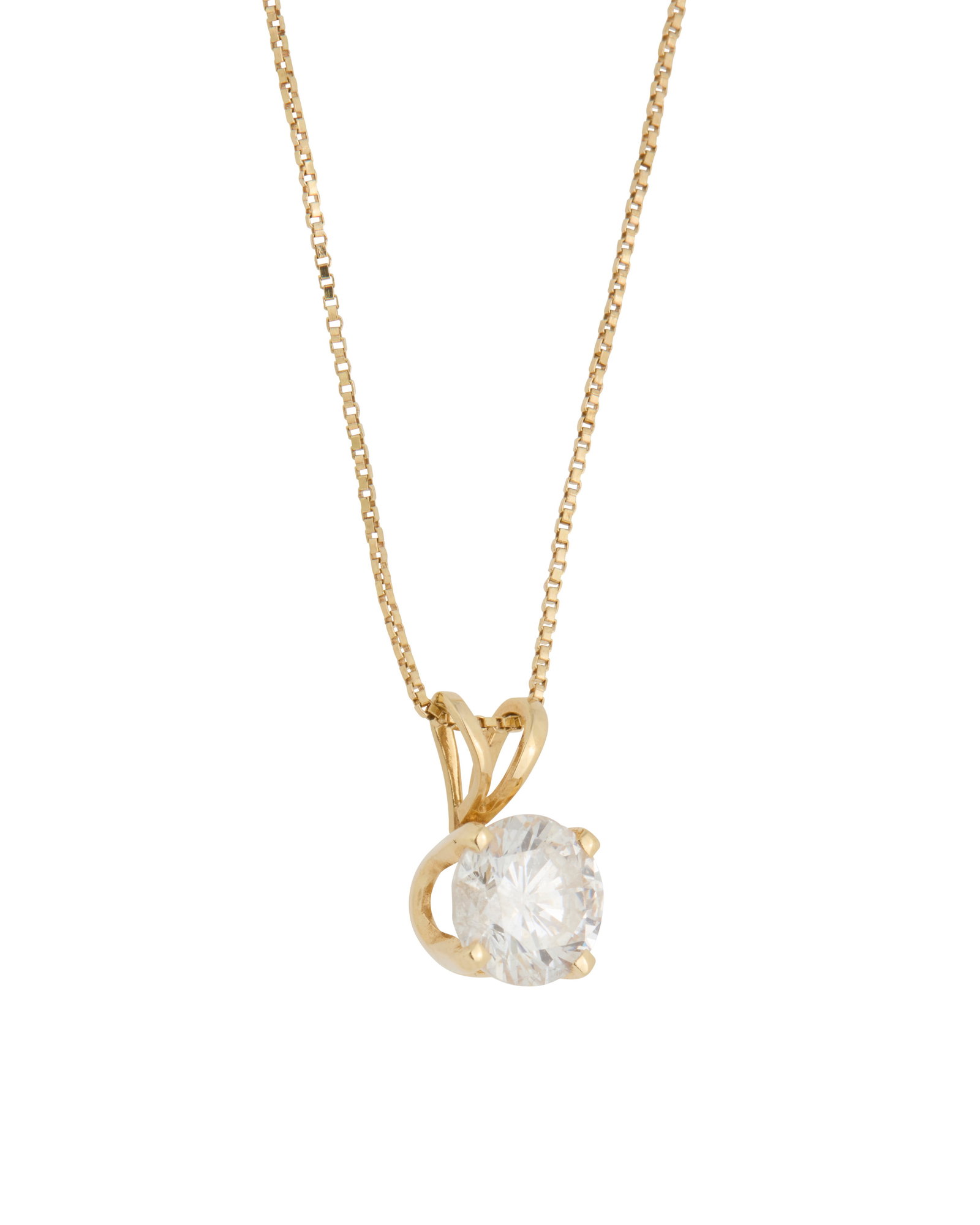A 14K Gold and Diamond Necklace: A 14K Gold and Diamond Necklace Featuring a round diamond weighing approximately 0.90 carat, suspended from a 14k gold chain Length: 19 in. 1.5 grams gross Center Diamond: Approximate overall color an