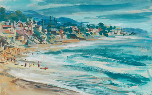 Ben Abril (1923-1995), Beach scene: Ben Abril(1923-1995)Beach sceneWatercolor on paperSigned lower right: Ben AbrilSight: 13.5" H x 21" W Other Notes: The romance of old California and nostalgia for a lost past of high-rises a