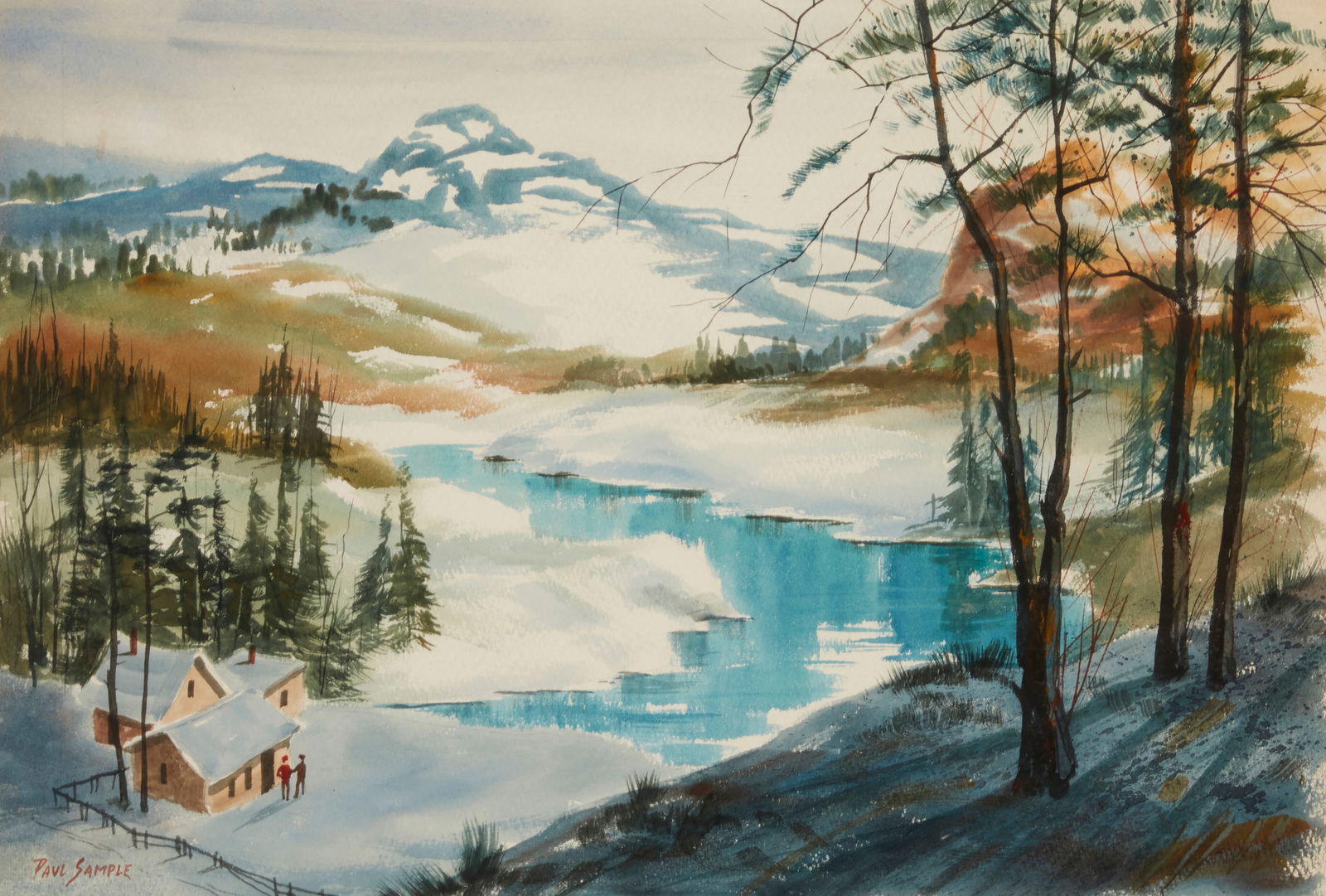 Paul Sample (1896-1974), Snowy mountain landscape with house and figures, Watercolor on paper,: Paul Sample(1896-1974)Snowy mountain landscape with house and figuresWatercolor on paperSigned lower left: Paul Sample15.25" H x 22.5" W Other Notes: Sold: Christie's East, New York, NY, n.d