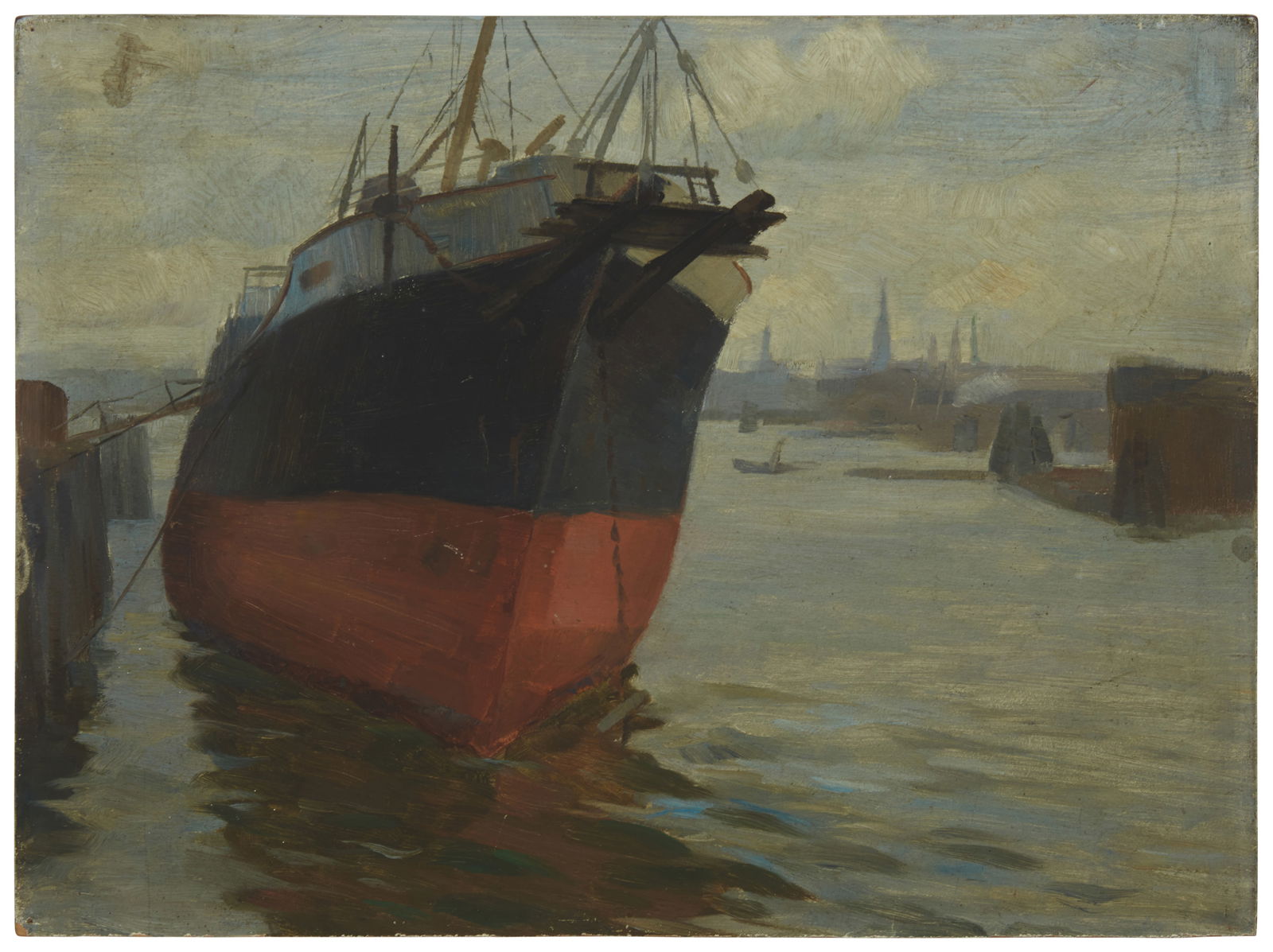 Attributed to Bernhard Gutmann (1869-1936), Boats in harbor: Attributed to Bernhard Gutmann(1869-1936)Boats in harborOil on panelUnsigned9.5" H x 12.75" W