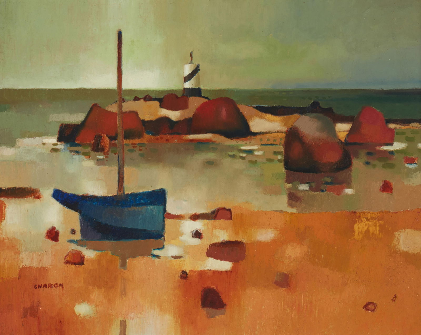 Guy Charon (1927-2021), Marooned boat and lighthouse (1 of 6)