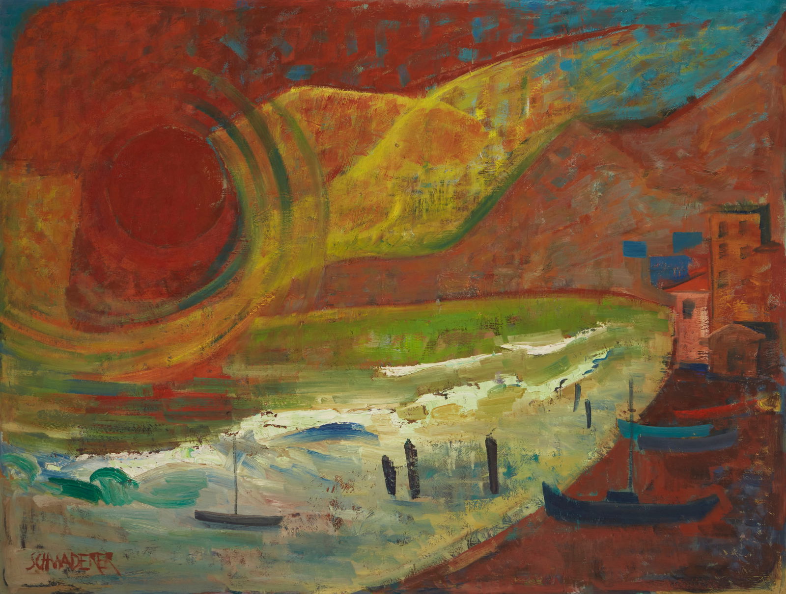 Fritz Schwaderer (1901-1974), Sunset along the coast: Fritz Schwaderer(1901-1974)Sunset along the coastOil on boardSigned lower left: Schwaderer36" H x 48" W