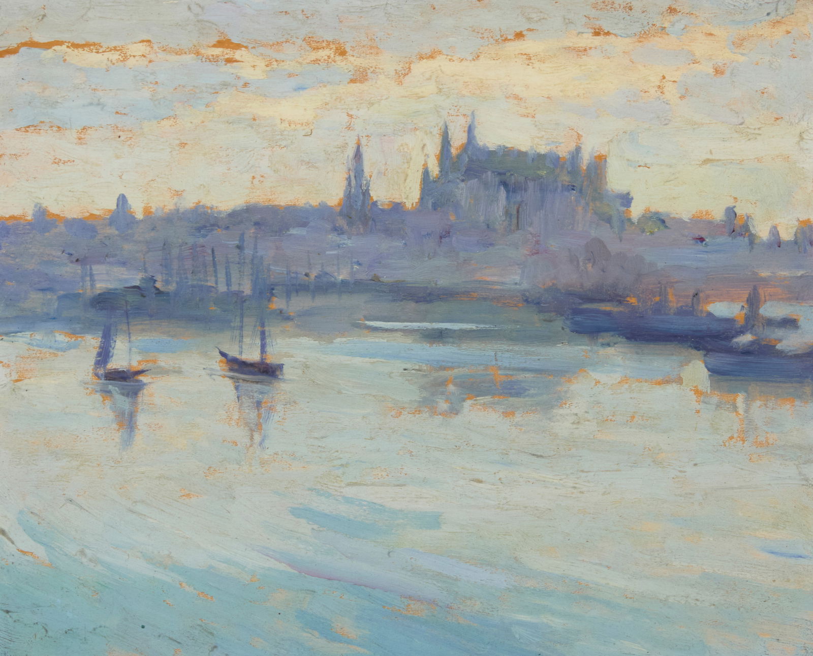 Attributed to Bernhard Gutmann (1869-1936), Boats along the Mallorcan coast: Attributed to Bernhard Gutmann(1869-1936)Boats along the Mallorcan coastOil on panelUnsigned8" H x 10" W