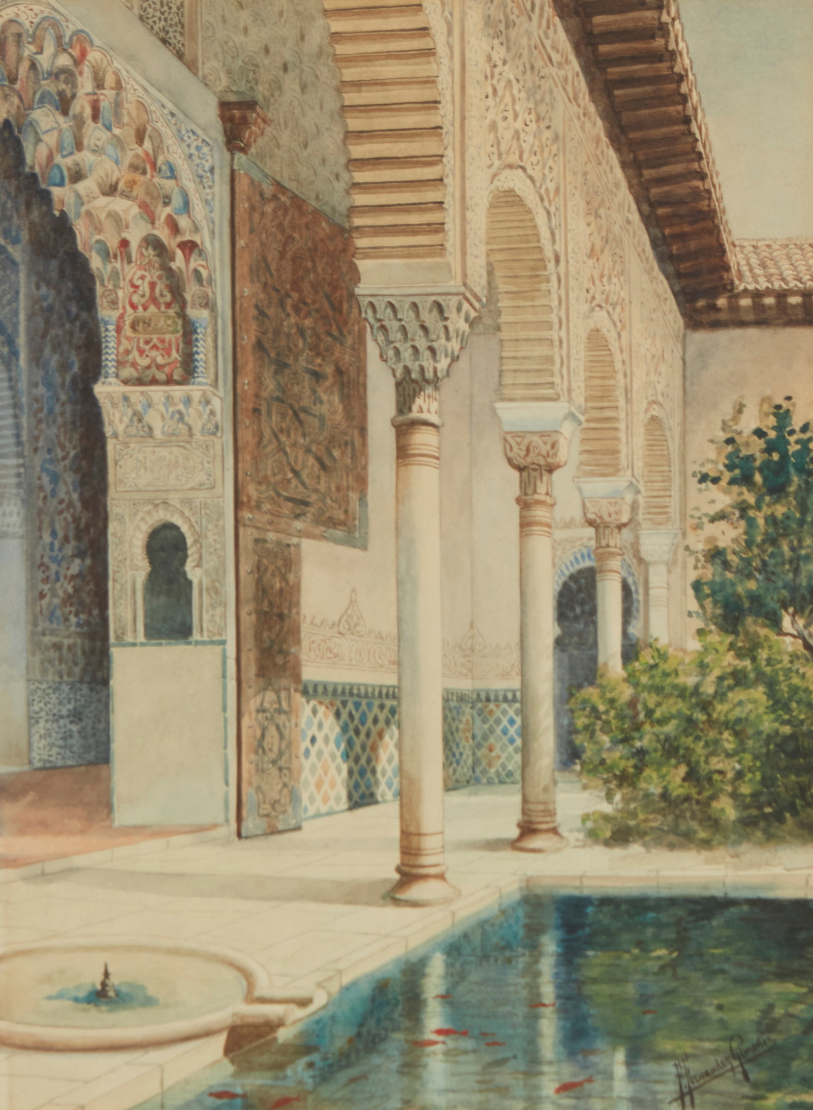 Federico Fernandez Gimenez (1841-1910), Courtyard pool at the Alhambra: Federico Fernandez Gimenez (1841-1910) Courtyard pool at the Alhambra Watercolor on paper Signed lower right: F. Fernandez Gimenez Sight: 13.75" H x 10.25" W
