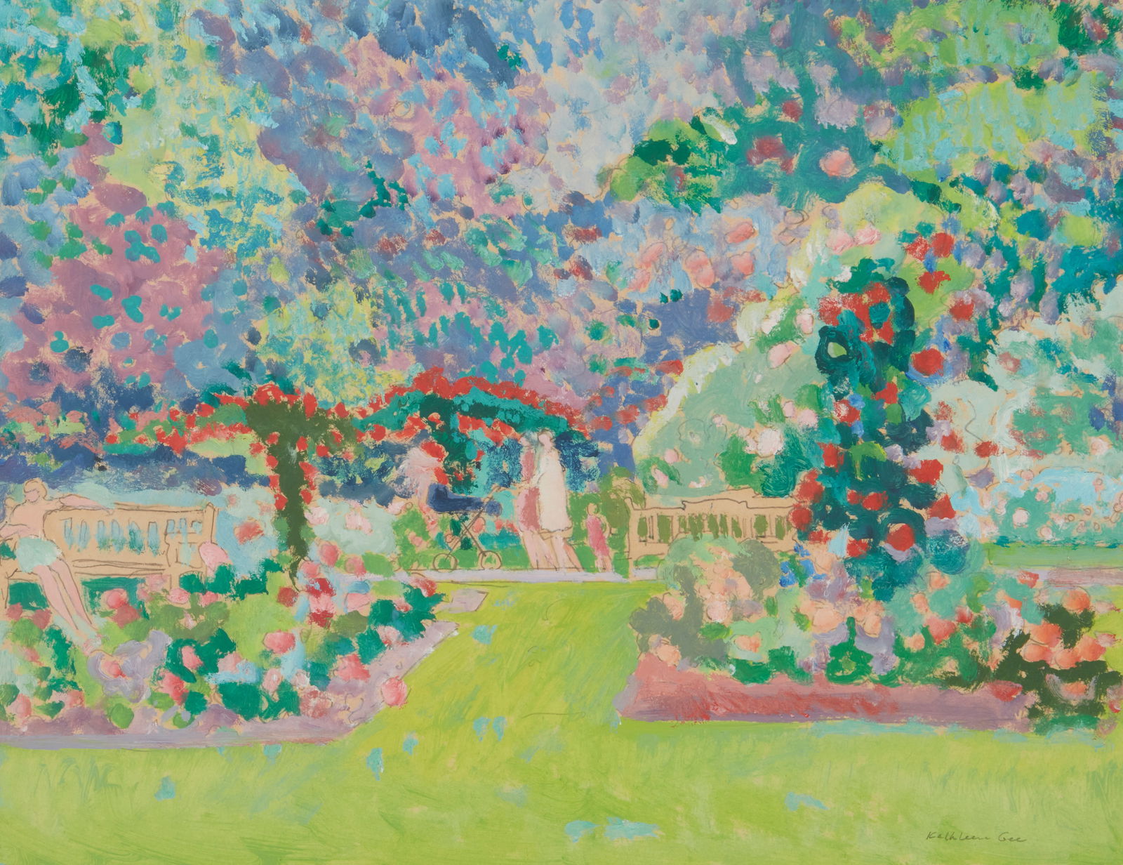 Kathleen Gee (b. 20th century), Ladies in the park, Acrylic on paper, Sight: 11.5" H x 15" W: Kathleen Gee(b. 20th century)Ladies in the parkAcrylic on paperSigned lower right: Kathleen GeeSight: 11.5" H x 15" W Provenance: The artistPrivate Collection, acquired from the above