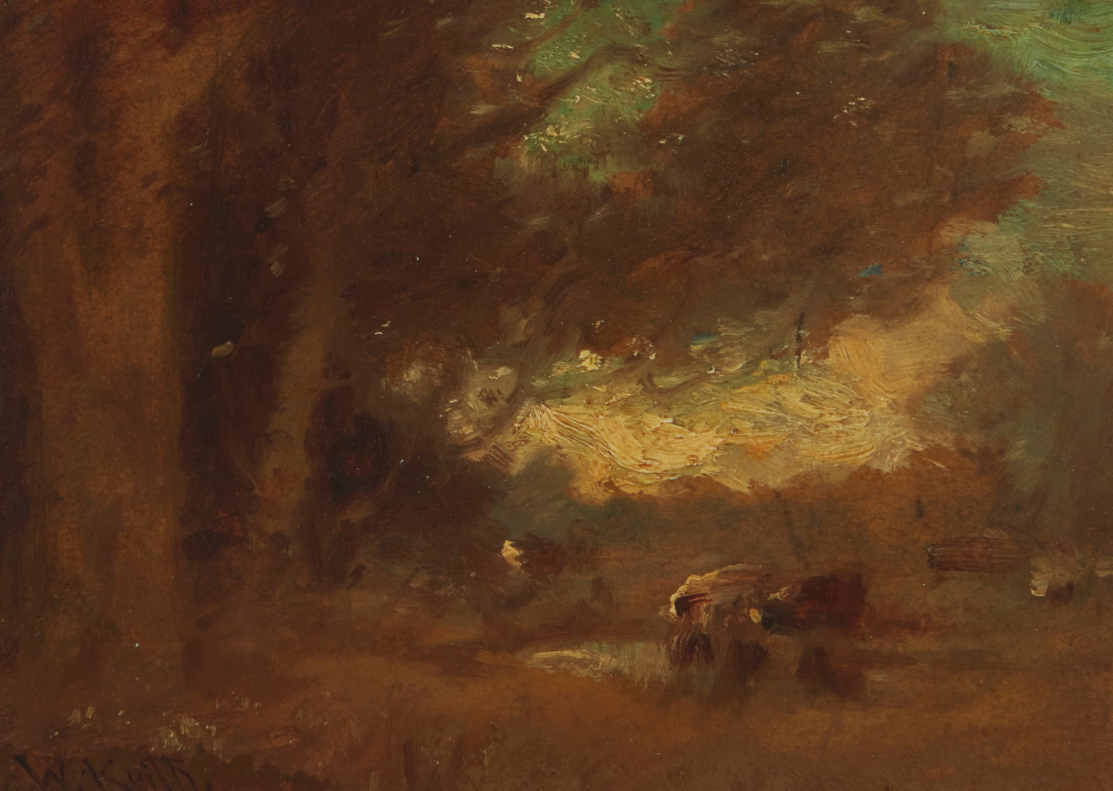 William Keith (1838-1911), Cows watering: William Keith(1838-1911)Cows wateringOil on boardSigned lower left: W. Keith5.5" H x 8" W