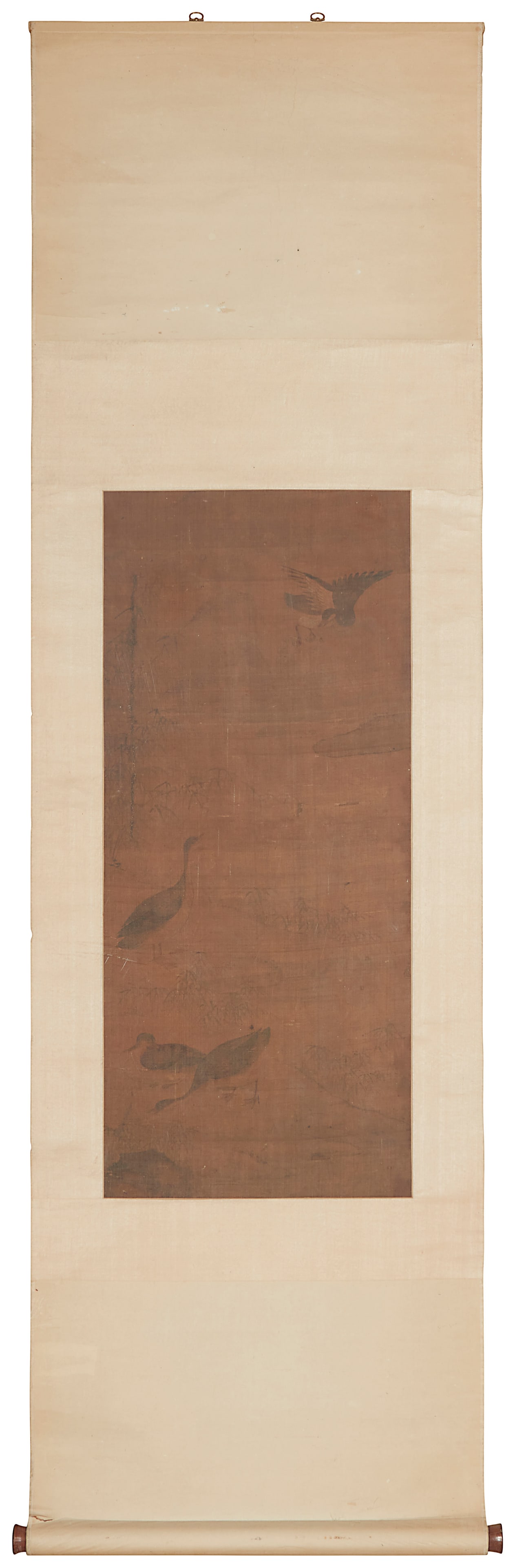 19th-20th Century Japanese School, Fowl standing on a grassy bank, Ink on silk laid to paper scroll (1 of 4)