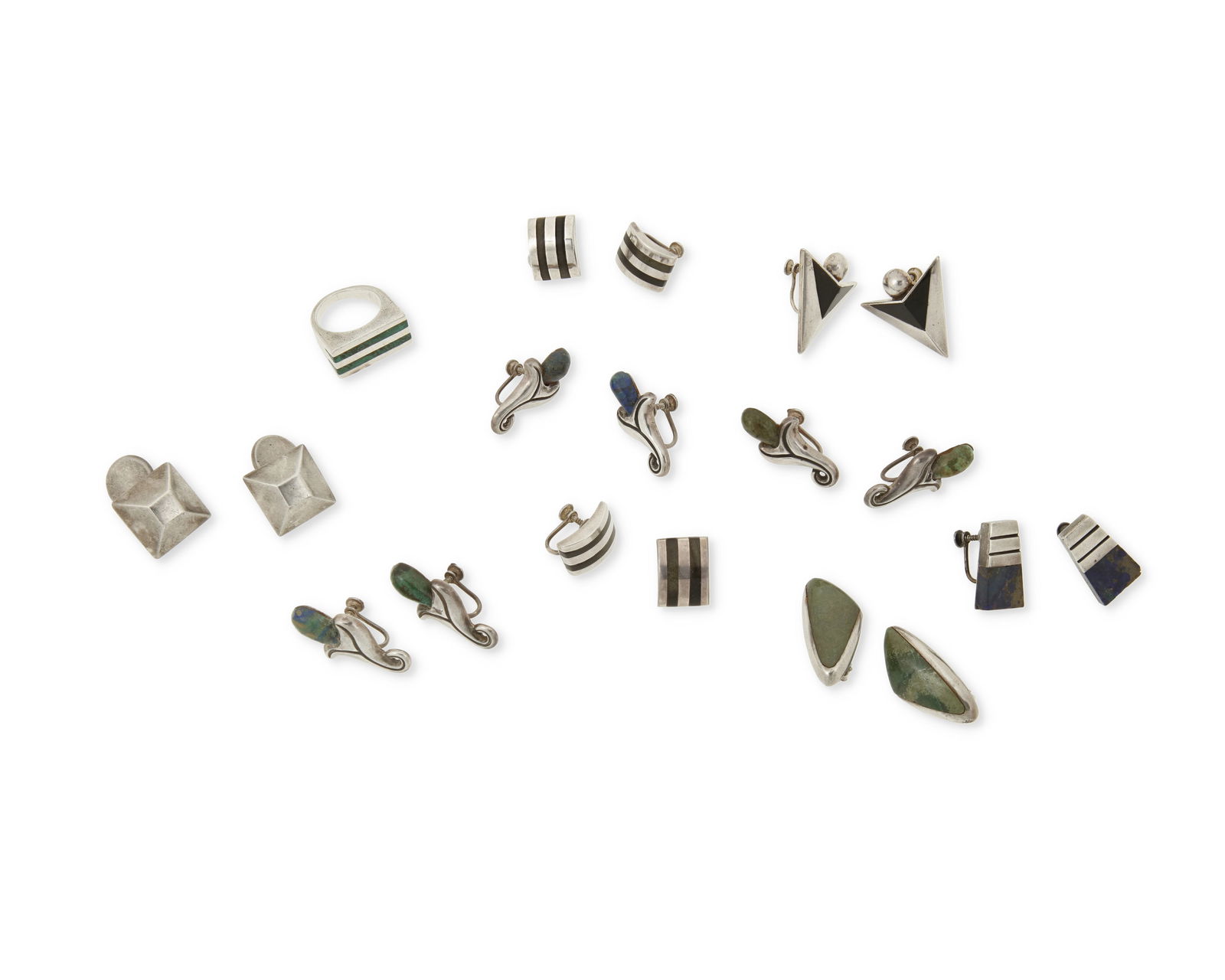A Group of Mexican Silver Jewelry: A Group of Mexican Silver JewelryMid/late 20th centuryEach variously marked for maker and for sterling; further variously stamped: [Eagle 3] / 980Ten works comprising eight pairs of Piedra Y Plata ste