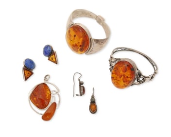 A Group of Silver and Amber Jewelry