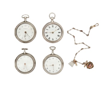A Group of English Open Faced Verge Pocket Watches and Watch Fob & Chain