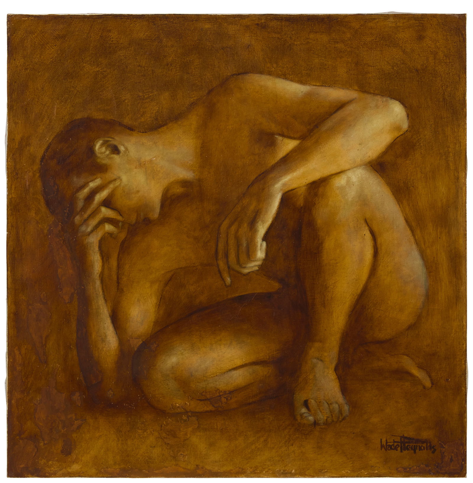 Wade Reynolds (1929-2011), Crouching nude male: Wade Reynolds(1929-2011)Crouching nude maleOil on canvasSigned lower right: Wade Reynolds24" H x 24" W